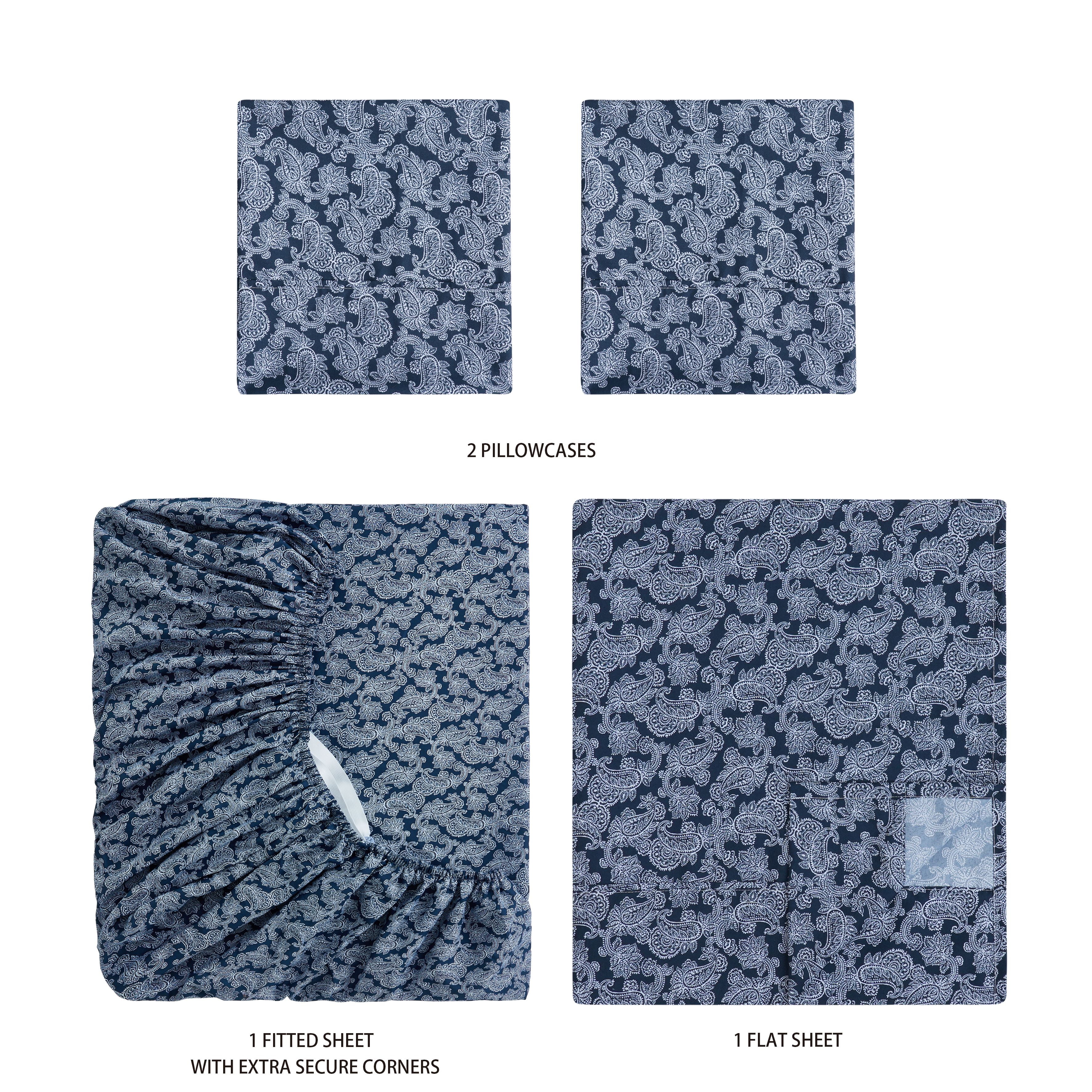 Mainstays Super Soft Brushed Microfiber Bed Sheet Set, Navy Blue Hayden Paisley Print, Full, 4 Piece