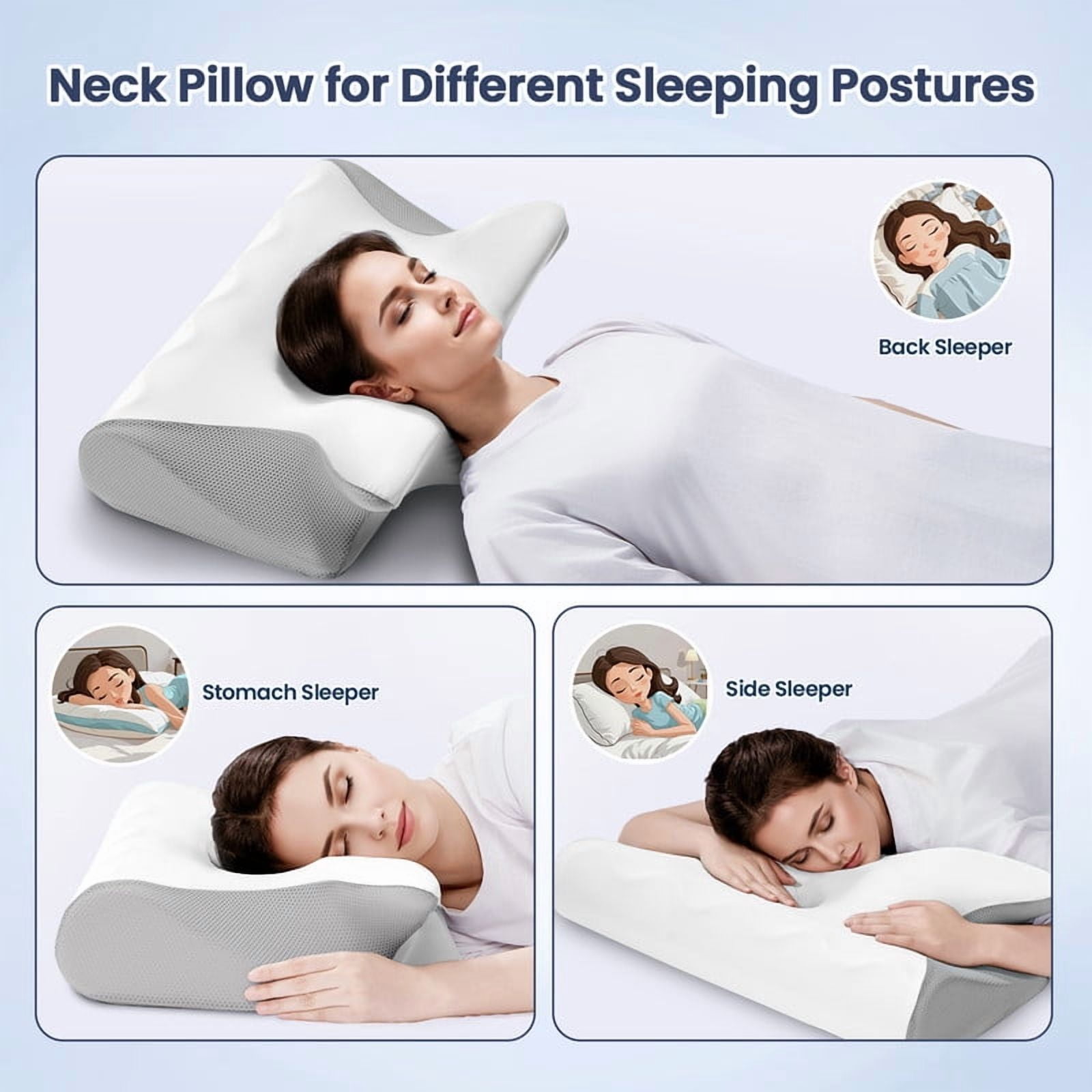 JUSTLET Cervical Neck Memory Foam Pillow for Neck and Shoulder Pain Relief, Orthopedic Contour Support Pillow with Cooling Pillowcase for Side, Back, Stomach Sleepers, White+Grey