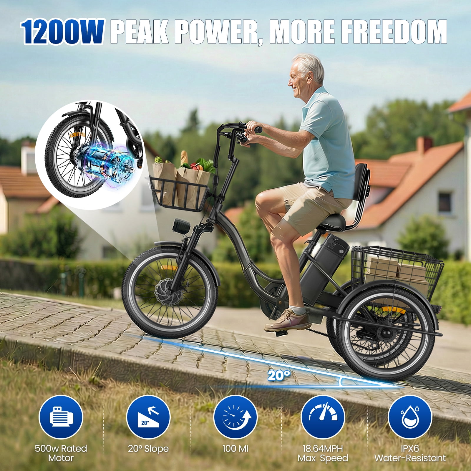 Flycity Electric Tricycle for Adults, Peak 1200W Electric Trike with 48V 15Ah Removable lithium battery, 20" 7 Speeds 3 Wheels Electric Bikes, Black