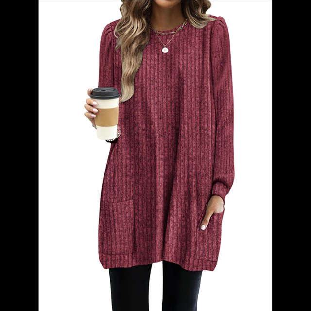 Camisas de Larga para Mujer Suéteres Largos con Bolsillos Tops Tipo Túnica Corte Holgado Rojo M