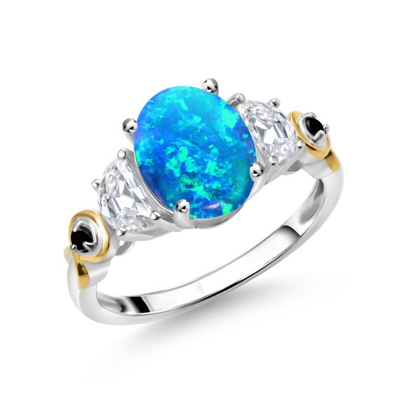 Gem Stone King 925 Silver and 10K Yellow Gold 3-Stone Ring Oval Cabochon Blue Simulated Opal and Moissanite (1.07 Cttw, Size 6)