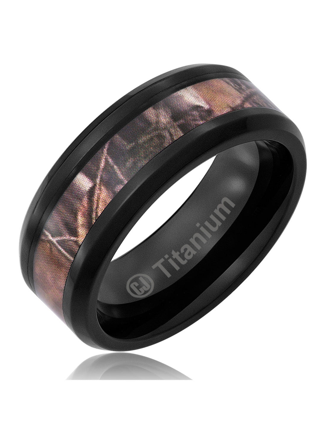 8mm Men's Black Titanium Milgrain Edges Camo Ring Outdoor Wedding Bands 