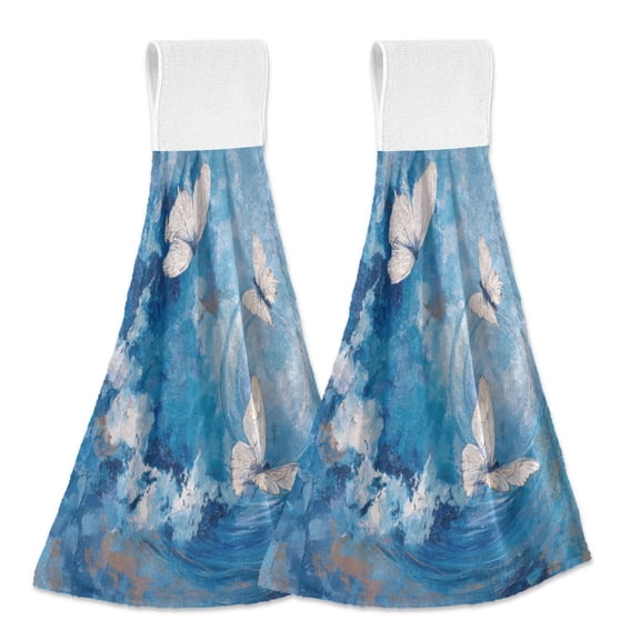2PCS Velcro Hangable Hand Towels Quick-Drying Hanging Kitchen Towels for Kitchen & Bathroom Butterflies and Circular Motif