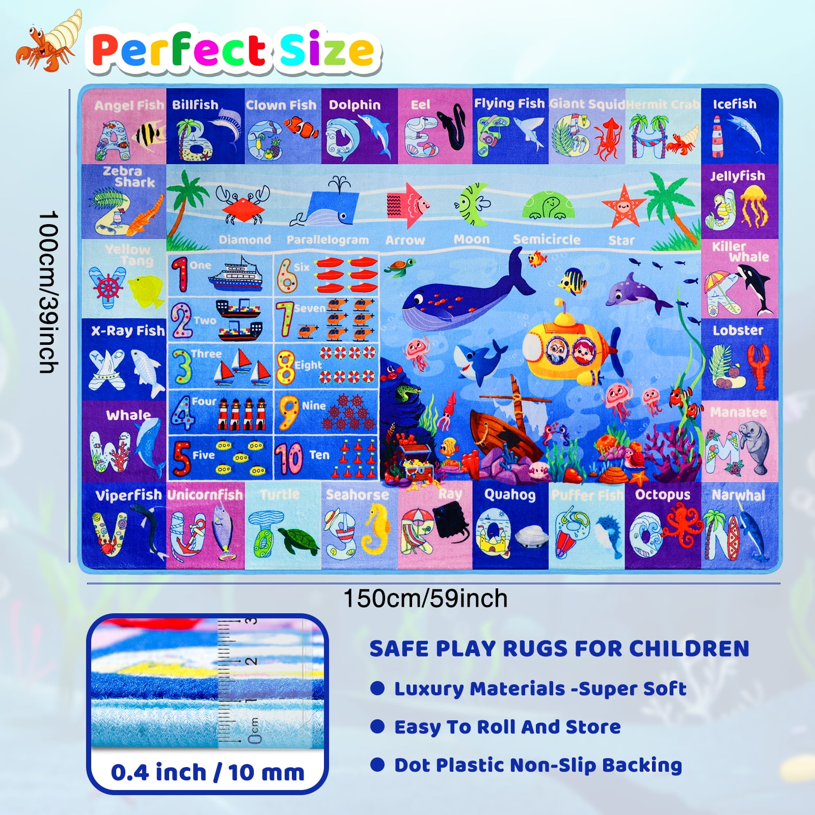 AKASISRUG ABC Kids Rug for Playroom 47"×31.5" Ocean Rug Baby Play Mat Alphabet Rug Sea Animal Number Shape Classroom Rug Kids Playroom Rug Early Learning Carpet for Preschool Toddlers
