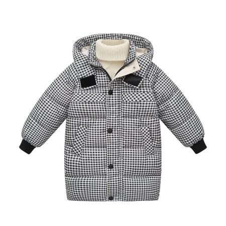 

Toddler Kids Little Girls Boys Winter Plaid Coat Windproof Outerwear Mediun Length Warm Jacket Down Coat Hooded Wadding Outwear