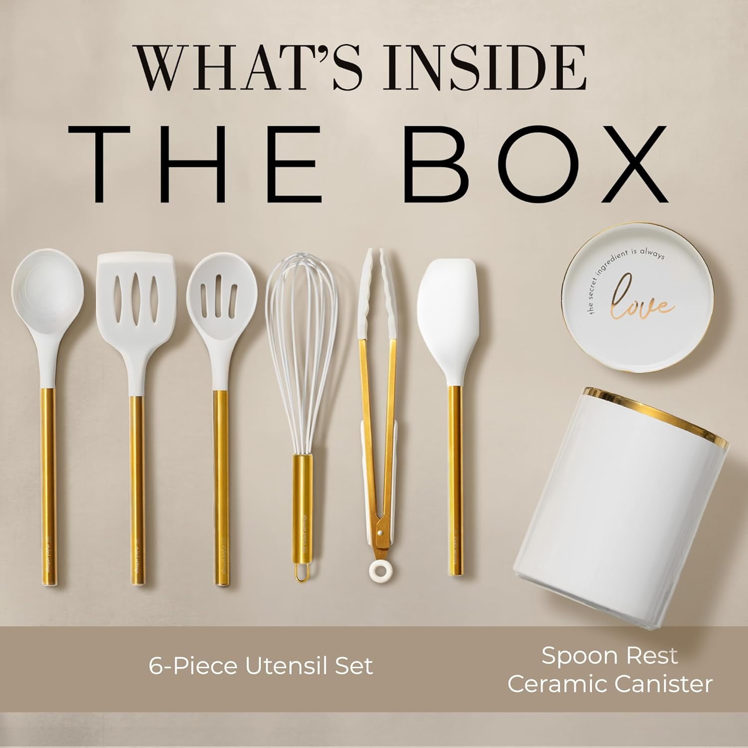 Styled Settings 8 Piece White and Gold Kitchen Utensils Set – Silicone Cooking Utensils with Gold Handles, Ceramic Utensil Holder and Stackable Spoon Rest, Heat-Resistant and Nonstick Safe