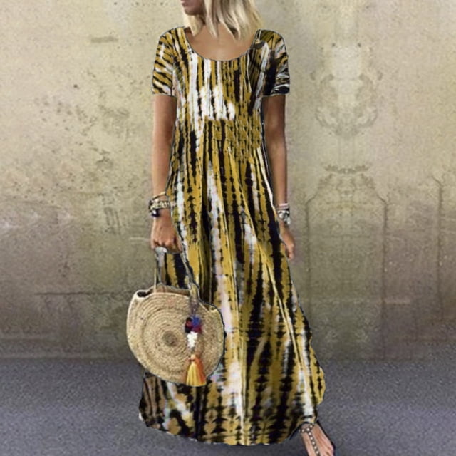 SMihono Robe Maxi Bohème d'Été pour Femmes Grande Taille Imprimé Teinture sur Nœuds Évasée Décontractée Robe d'Été Florale à Manches Courtes Femmes Robe pour Femmes Robe Mini Robe de Plage Évasée Robe d'Été