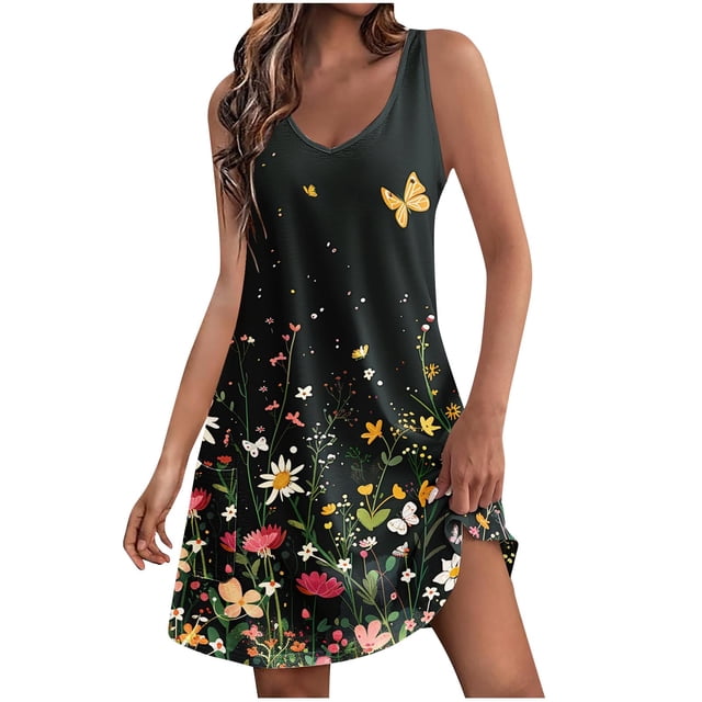 FcBaudy Robe Sans Manches à Col Rond, Robes d'Été pour Femmes, Robes Décontractées avec Poches, Robe de Plage Bohème d'Été, T-Shirts, Robe Débardeur Ample