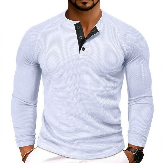 Camiseta Henley de Larga para Hombre, Informal, con Botones, Suave, Elástica, Básica, con Diseño de Gofre, para Otoño. XL