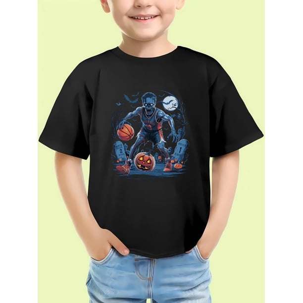 Halloween T-shirt - Boys' Halloween Basketball Graphic Cotton T-Shirt - Short Sleeve Casual Top with Playful Pumpkin & Bat Design, Light Pink Summer Tee for Youngsters