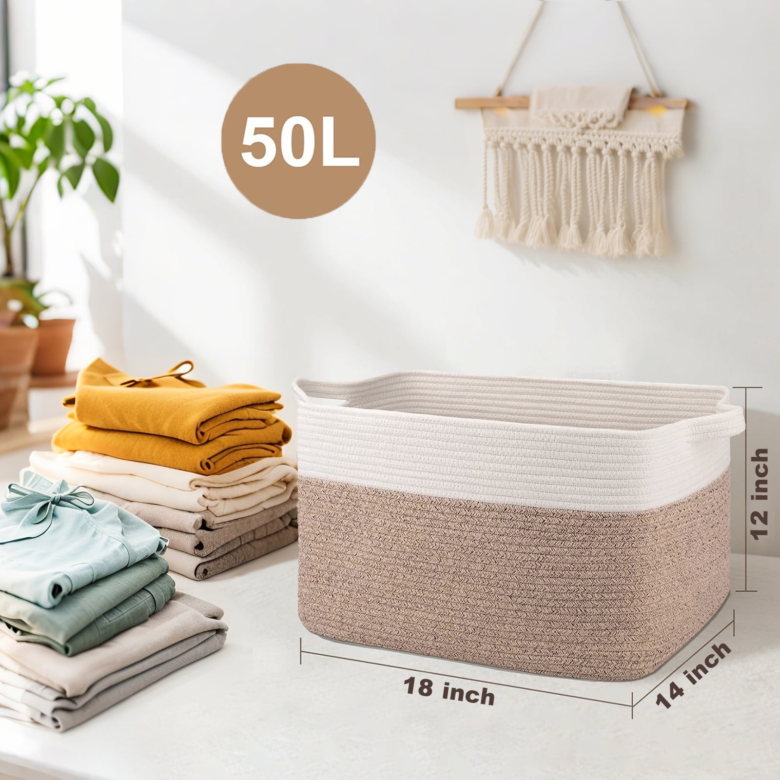 VeluraHome 50L Large Blanket Basket,Rectangle Storage Baskets for Storage,Cotton Rope Woven Storage Basket