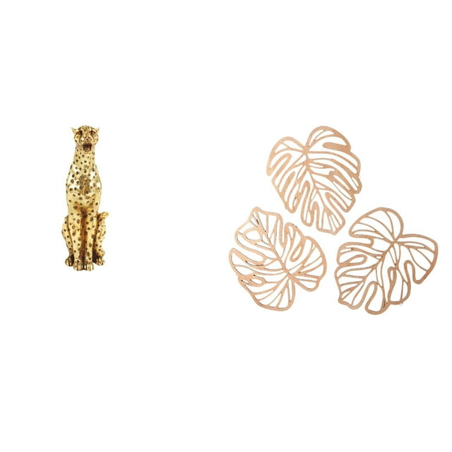 Figura de guepardo,Figura de guepardo dorado,adorno de escritorio moderno,Placa de pared con hojas de palma,Decoración de pared de madera con hojas de palma,Adorno de madera con decoración de