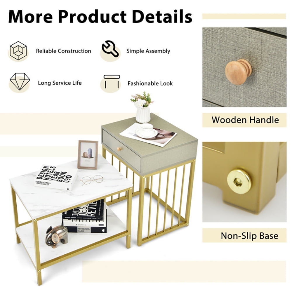 Finihen Rectangular Nesting Coffee Table, Modern Nesting Side Set, 2 Pieces Modern Nesting Coffee Table Set with Drawer and Shelf, for Living Room, Bedroom, Reception Room, White