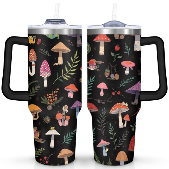 the Mushroom Leaves Are Black 40 Oz Tumbler with Handle Lid and Straw, Stainless Steel Double Walled Vacuum Insulated Cup, Cute Birthday Gifts Tumbler for Women Men Friends