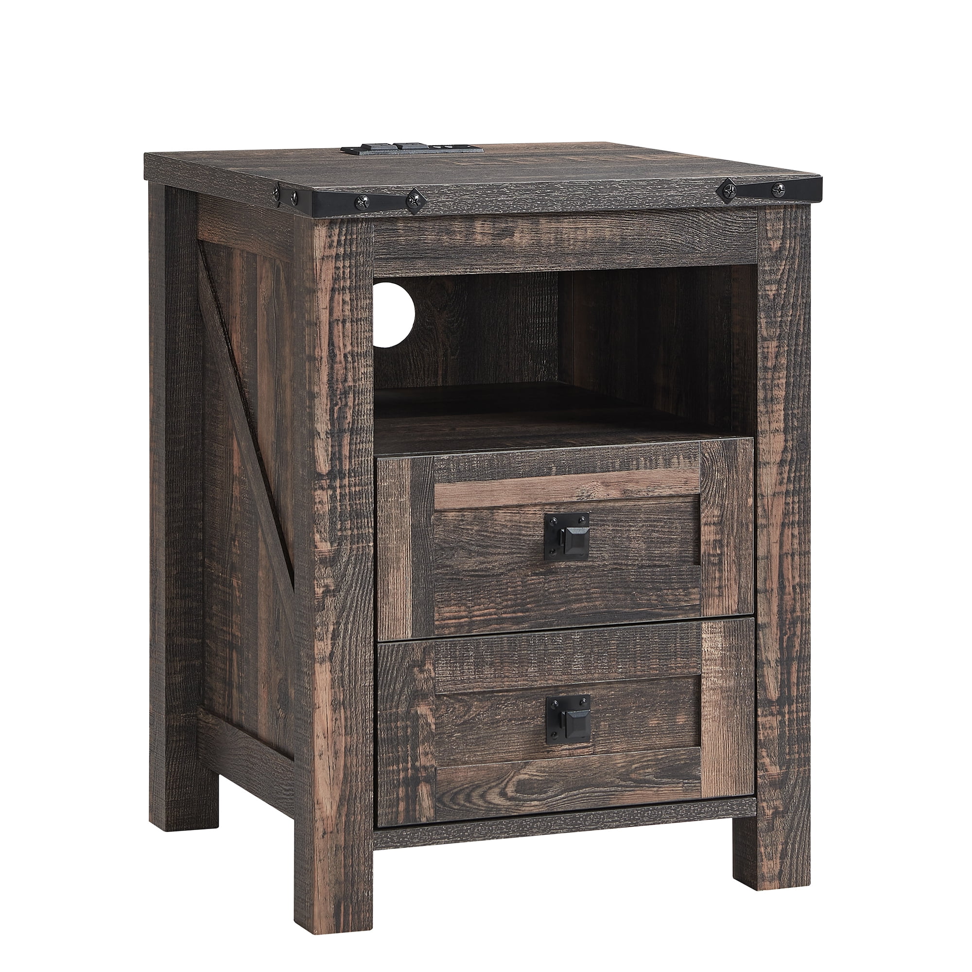 OKD Farmhouse Nightstand with Charging Station for Bedroom, 2-Drawer Rustic End Tables for Living Room, Dark Rustic Oak