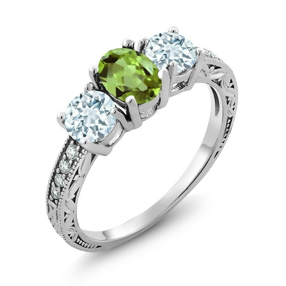 Gem Stone King 2.02 Cttw Oval Green Peridot Sky Blue Aquamarine and White Moissanite Ring for Women | 925 Silver | Gemstone Birthstone | Wedding Engagement Anniversary Promise Ring for Women | Size 5