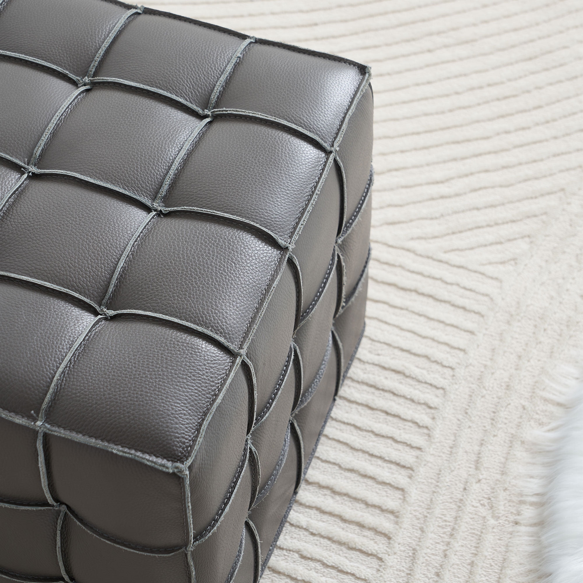17.32''W Genuine Leather Tufted Ottoman,Footstool for Living Room & Bedroom,Grey Color