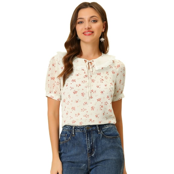Blusa de Gasa Allegra K Cuello Peter Pan Manga Farol Mujer Blanco Rojo M