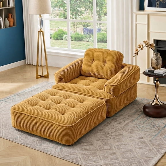 2-in-1 Memory Foam Convertible Sofa Bed, Corduroy Cloud Boneless Futon Couch with Pillows, Adjustable Backrest Single Pull-Out Sleeper, No Assembly Space Saver for Small Rooms, Apartments & Offices