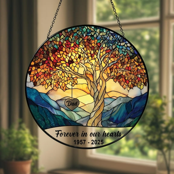 Memorial Heart Tree Stained Glass Suncatcher Personalized Loss of Parents Gift, Always in Our Hearts Window Hanging