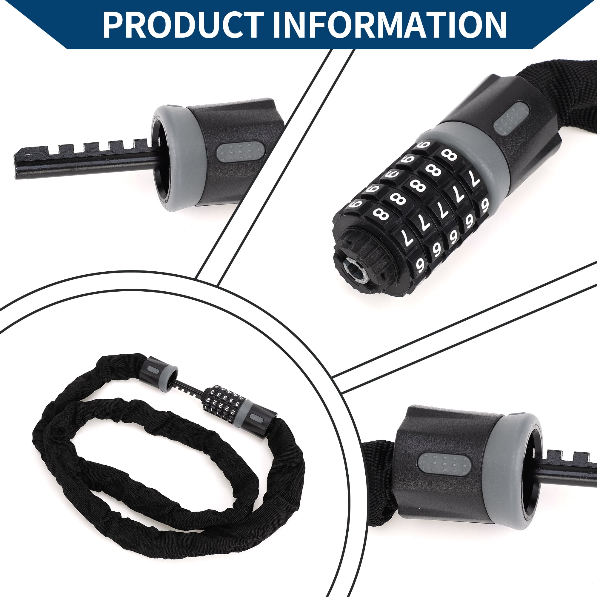 Unique Bargains Bike Lock Security Chain Combination Lock Padlock Resettable 5 Digit Bike Lock 150cm Black Gray 1 Pc
