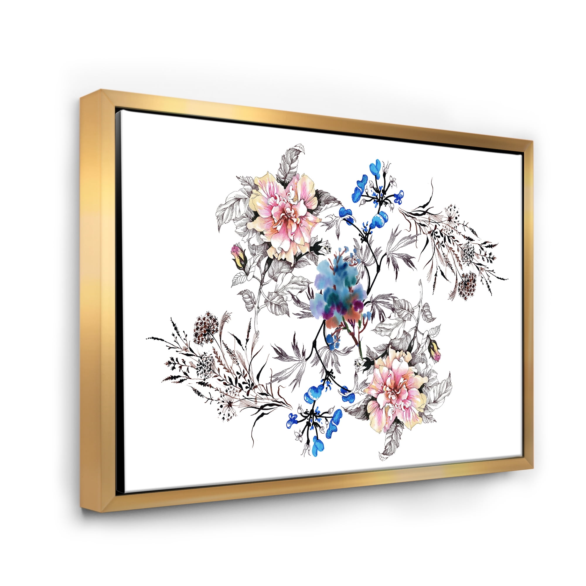 Designart 'Pink and Blue Wildflowers' Traditional Framed Canvas Wall Art Print