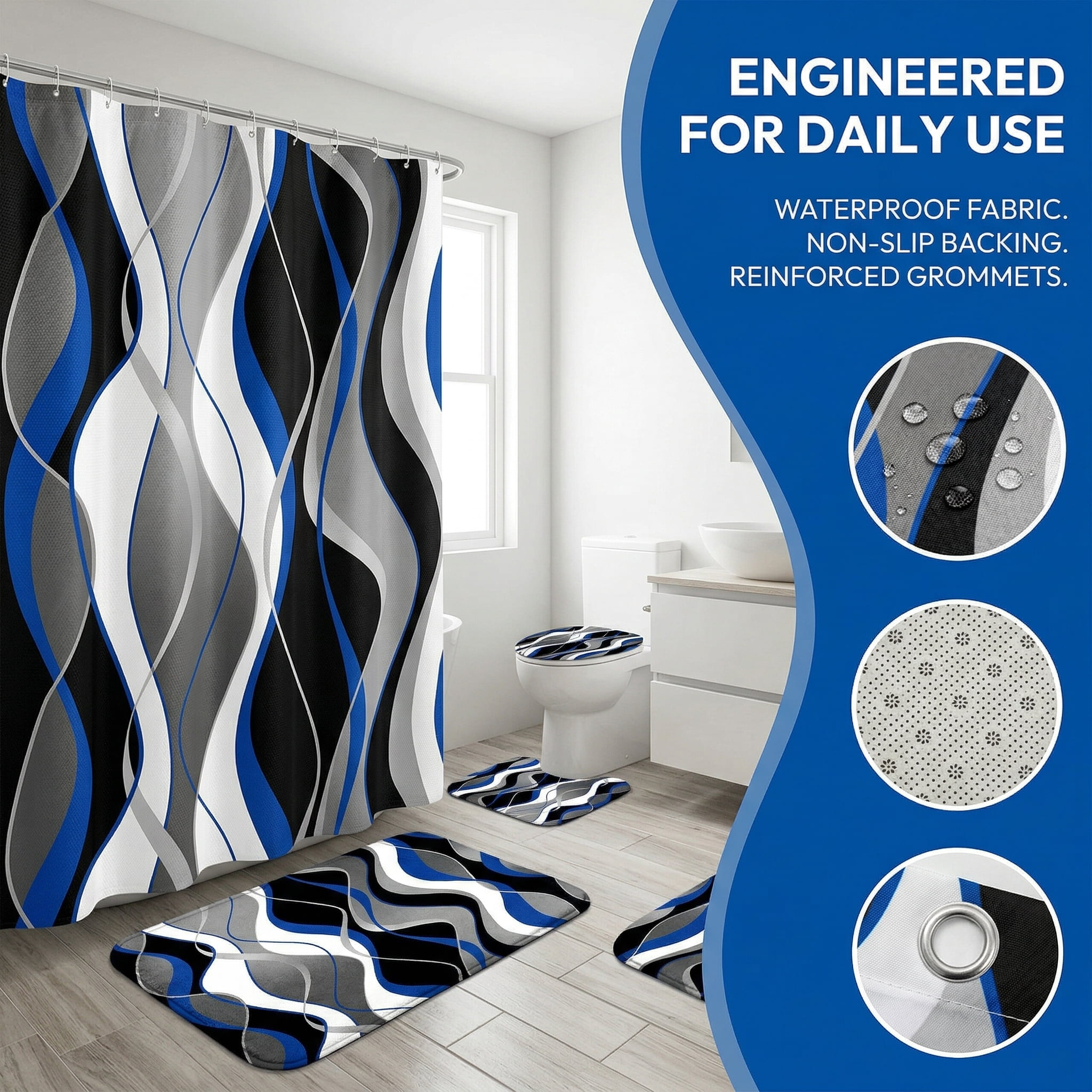 4 Pcs Blue Shower Curtain Black Bathroom Sets with and Rugs Grey Modern Striped Set White Decor Toilet Lid Cover Hooks