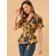thumbnail image 3 of AllegK Blucon cuello en V floral con volantes y mancorpamujer Amarillo M, 3 of 6