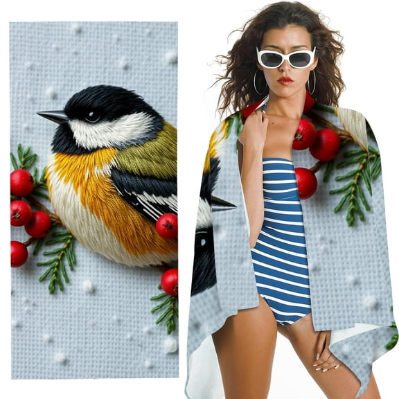 RKSupls Embroidered Chickadee Berry Microfiber Beach Towel, Extra Large Quick Dry Lightweight Absorbent Towel for Travel Swimming Camping, Soft Super Absorbent- 30x60 in