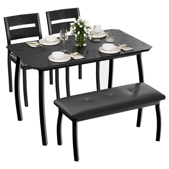 Black Dining Table Set For 4: 3-Piece Kitchen Table With Wood Top, Metal Frame, 2 Chairs And Tufted Bench