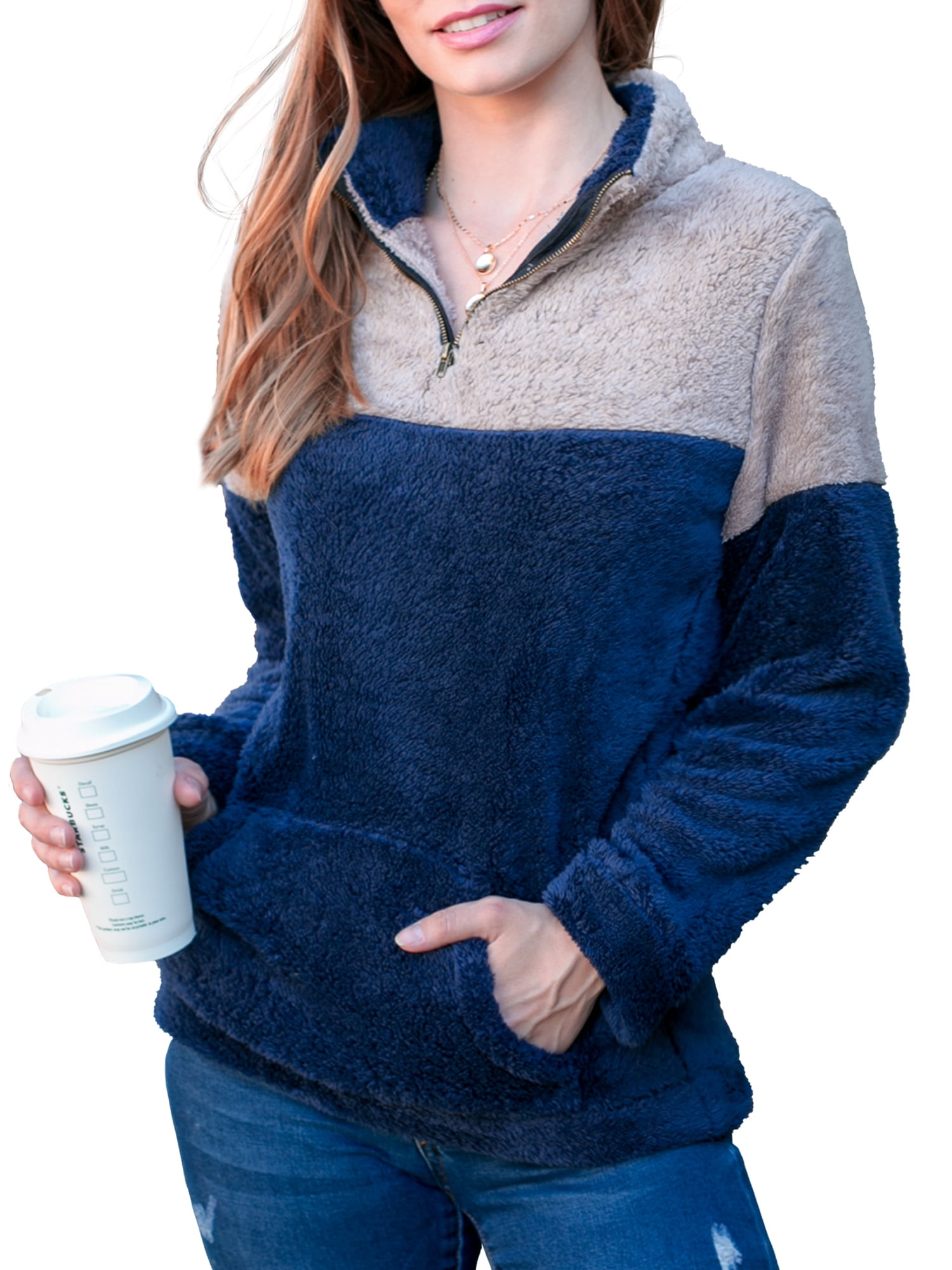 Doublju Women's Soft Sherpa Fleece Quarter Zip Pullover with Pocket
