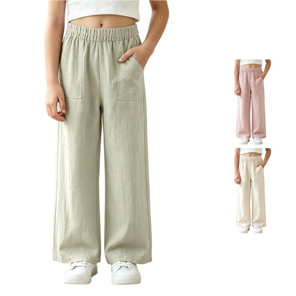 OSOLU Girls Pants Elastic Waistband Front Patch Pockets Relaxed Wide Leg Kids Casual Trousers Green