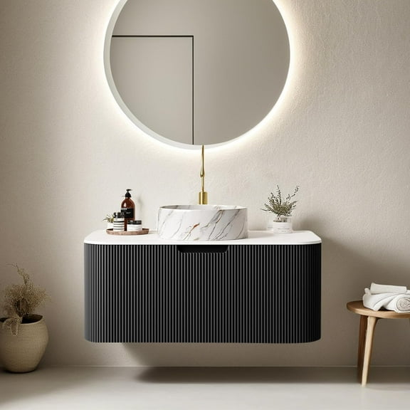 36" Floating Modern Bathroom Vanity with Sink, Cabinet with Ultra-Thin Marble Ceramic Basin and Top, Extra Large Storage Drawer, Soft-Close Design, Gloss Black