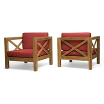 Indira Outdoor Acacia Wood Club Chairs with Cushions, Set of 2, Teak and Red