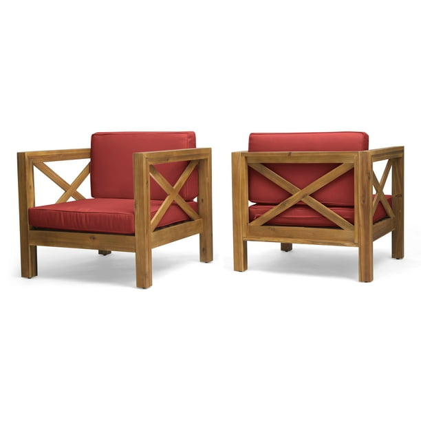 Indira Outdoor Acacia Wood Club Chairs With Cushions Set Of 2 Teak Finish And Red Com Indira Outdoor Acacia Wood Club Chairs, Outdoor Wooden Chairs With Cushions
