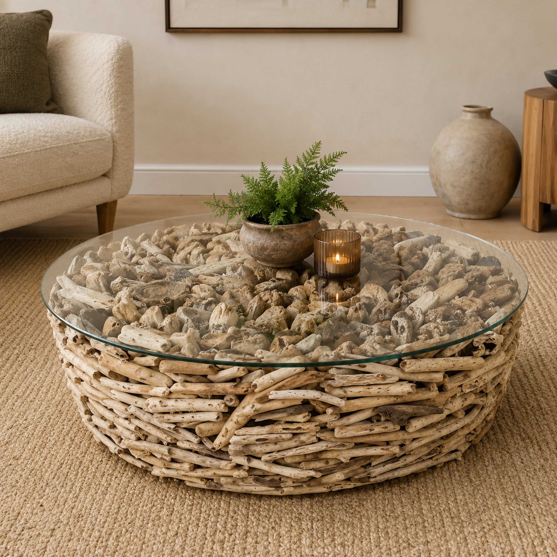 DecMode 48" x 16" Brown Driftwood Handmade Stacked Collage Coffee Table with Tempered Glass Top, 1-Piece