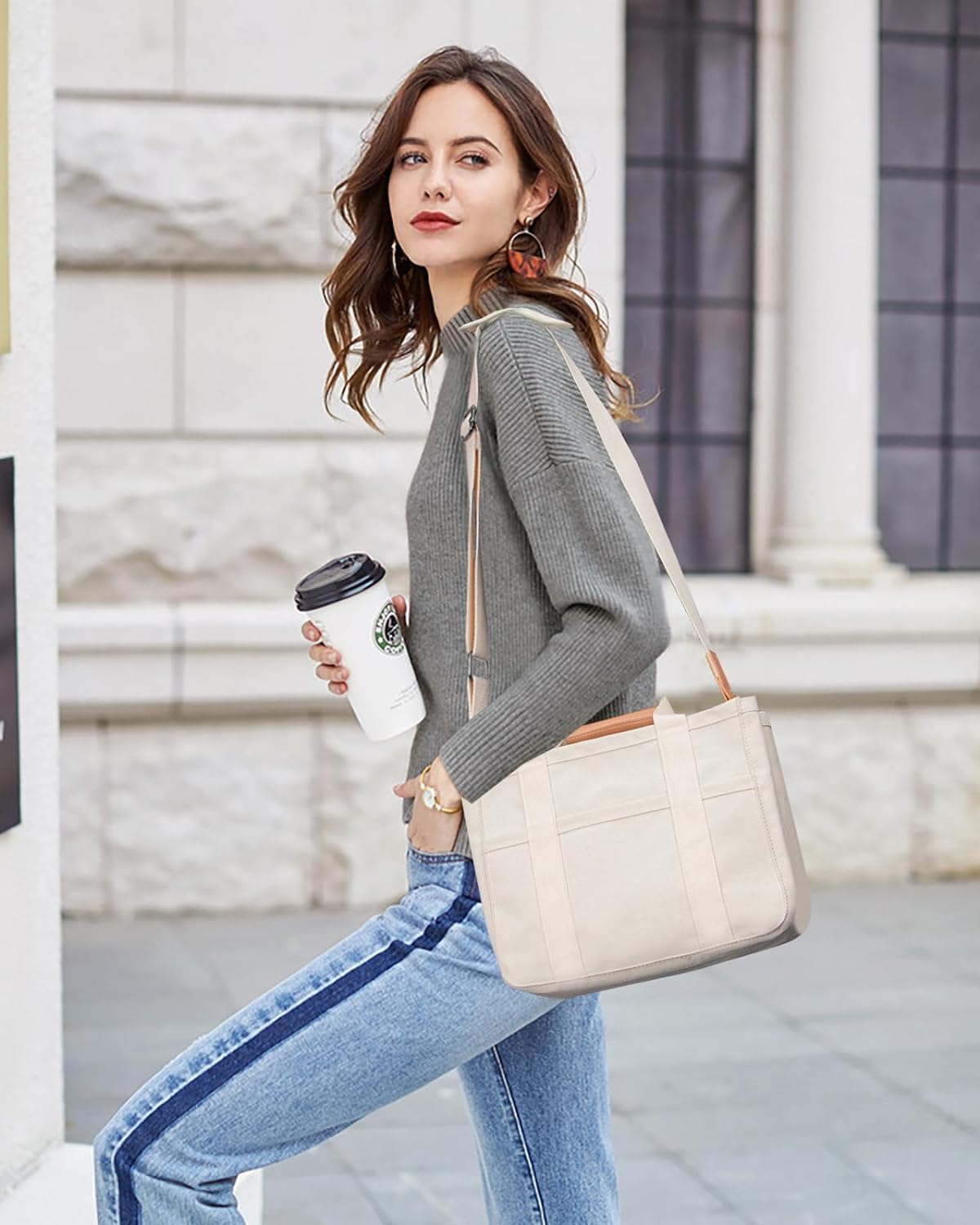 JennyShop Quality Tote Bag with Compartments, Canvas Tote Bag with Multi-Pocket for Women, Large Crossbody Shoulder Handbag
