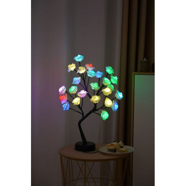 Lámpara de Mesa con Forma de Árbol de Rosas Xiying | Lámpara Estilo Bonsái de 24 Led | Funciona con Pilas y Usb | Ramas Ajustables | Decoración de Rosas Moradas | Iluminación para Mesitas de Noche y