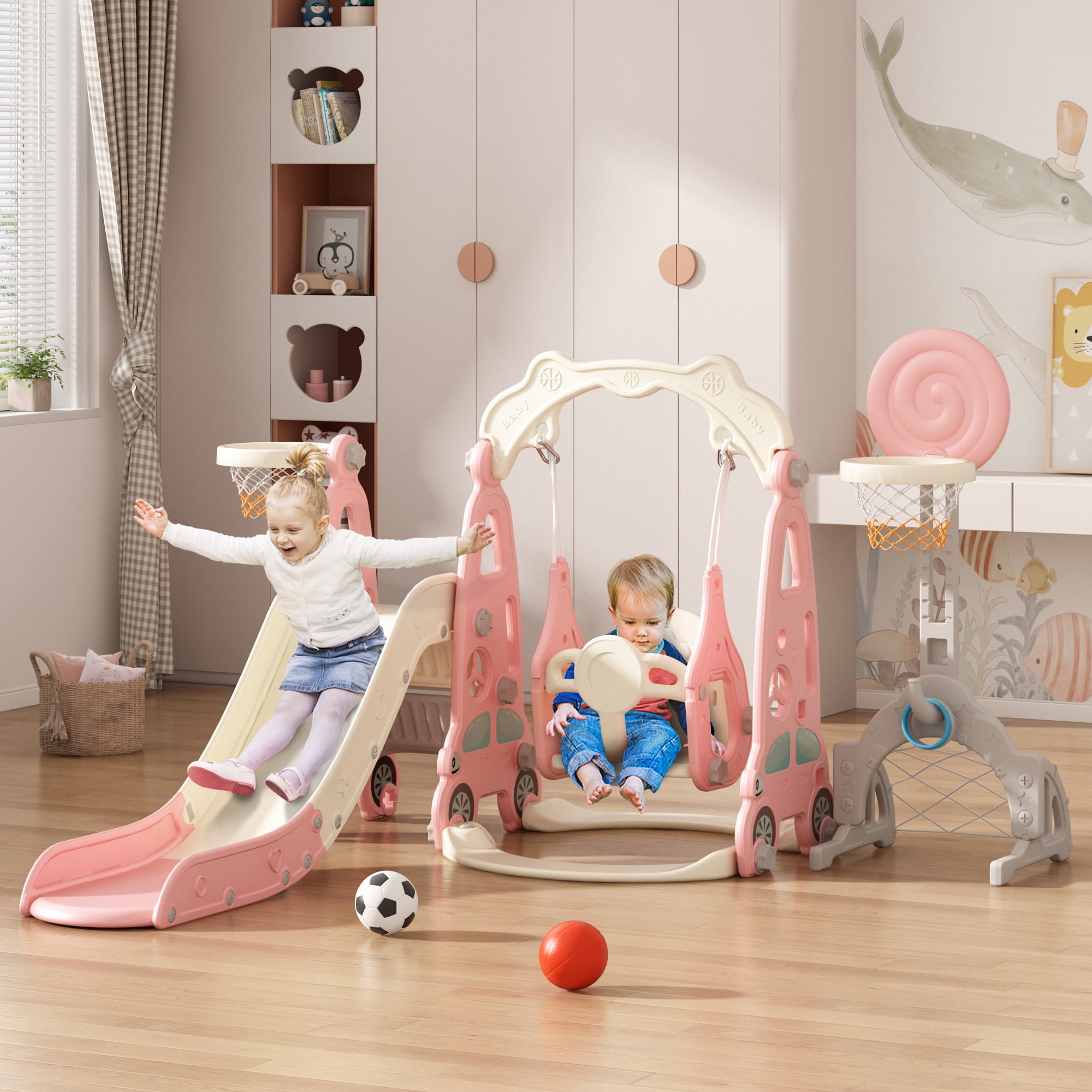 NYEEKOY 6 in 1 Toddler Slide and Swing Set, Indoor and Outdoor Kids Playset with Slide, Swing, Climber, Basketball Hoop and Ring Toss Game, Kids Slide and Swing Playground for Toddlers Age 1-8