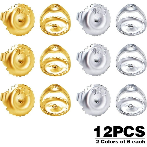 12pcs Screw on Earring Backs Replacement Hypoallergenic Secure Locking Earring Screwbacks for Threaded Post Diamond Earring Studs, 18K Gold Plated, 925 Stering Silver