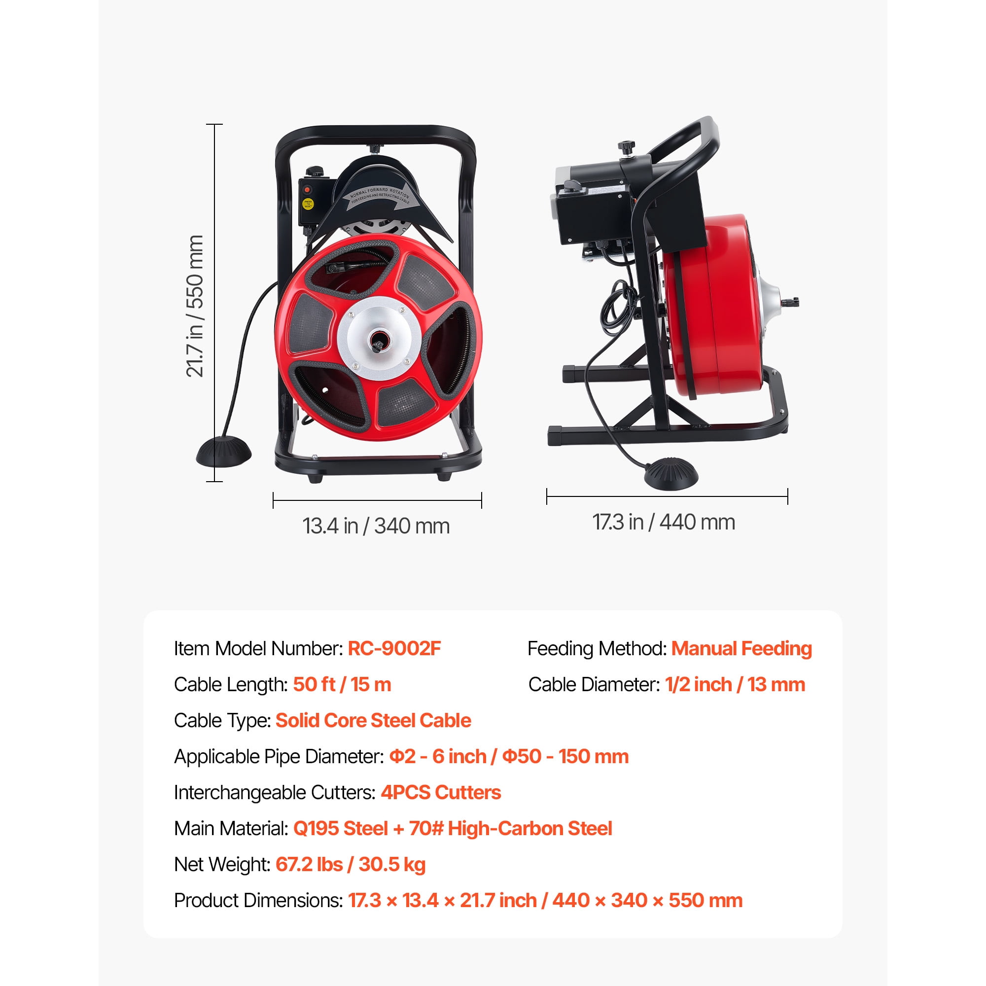 KFFKFF Drain Cleaning Machine 50 FT x 1/2 Inch, Manual Feed Sewer Snake with 4 Cutting Tools & Foot-Activated Switch for 2" to 6" Pipes