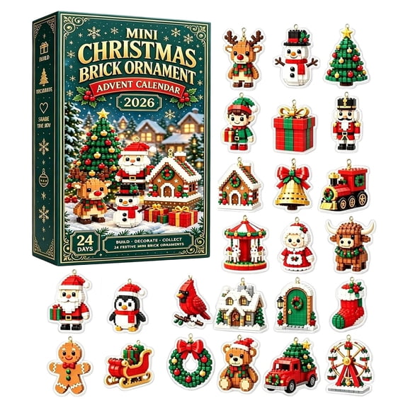 24 Day Christmas Brick Ornament Advent Calendar, 24pcs Mini Christmas Ornaments with Hanging Loops, DIY Building Blocks Set for Christmas Tree, Holiday Decorations