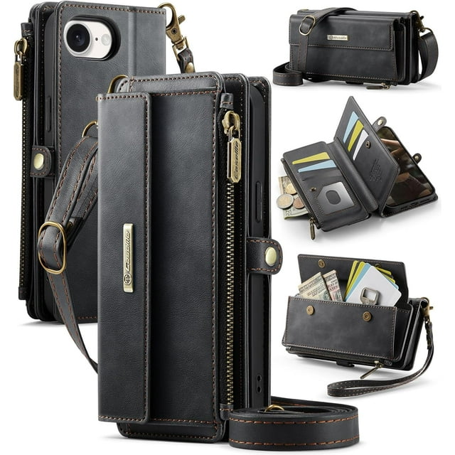 Funda Billetera para iPhone 16e – Funda para Teléfono de Cuero PU con Bloqueo RFID con Tarjetero, Bolsillo con Cremallera, Pata de Cabra, Cierre Magnético, Correa para el Hombro y la Muñeca