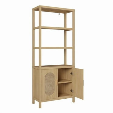 4-Tier Display Cabinet with Double Doors, Triamcinol Board, Rattan, 78 x 35.5 x 180 cm