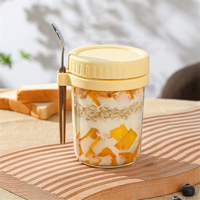 Juego de Frascos Reutilizables para Avena Durante la Noche, Frascos de Vidrio Sellados de 350 Ml con Tapas y Cucharas, Utilizados para Cereales y Yogur.
