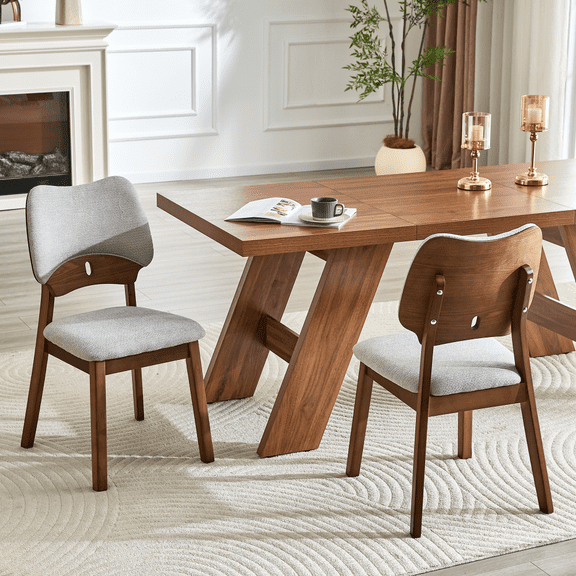 Gearwell Dining Chair Set, Set of 2 Walnut Solid Wood Side Chairs with Gray Fabric Upholstered Backrests and Seat Cushions, Hollow Back Design for Kitchen and Home Dining Room