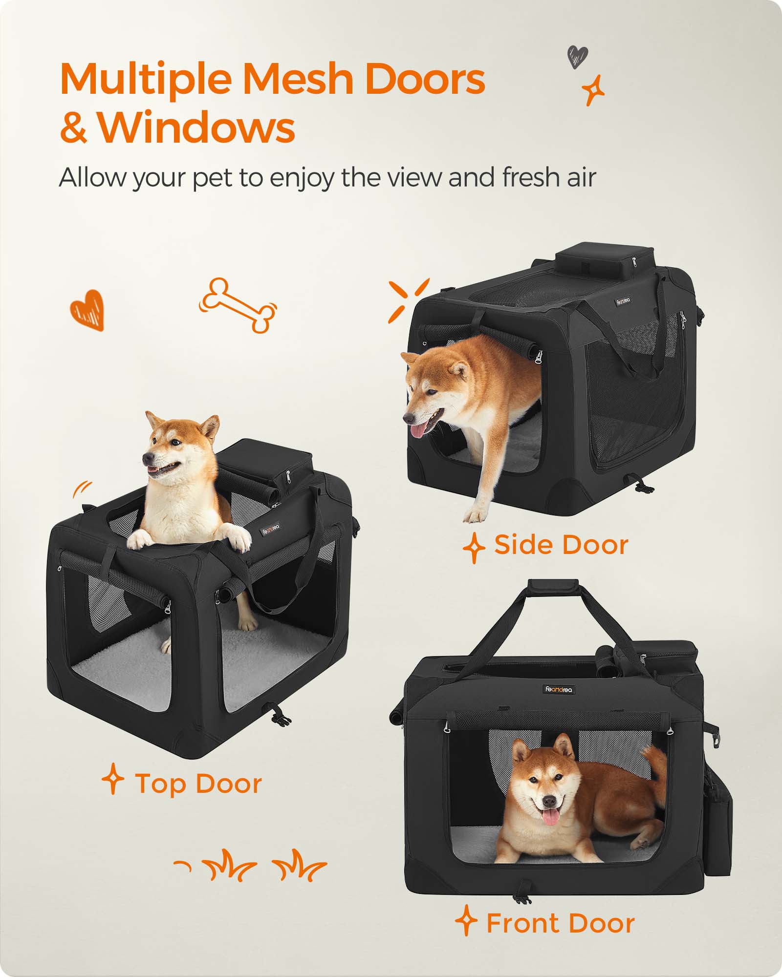 28-Inch Collapsible Dog Crate, Portable Pet Carrier with 3 Doors & Safety Zippers, Water-Resistant Soft Kennel for Medium Dogs, Black