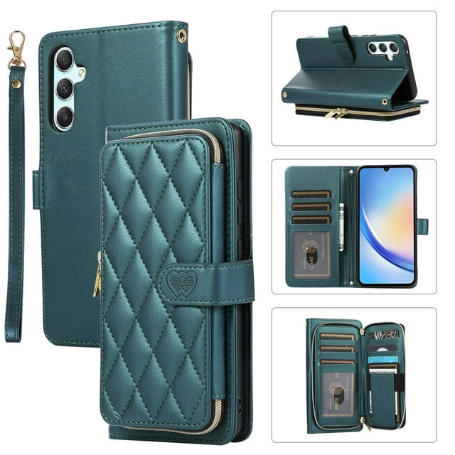 YEYKX Funda Tipo Billetera para Samsung Galaxy A34 5G 6,6 Pulgadas con Correa para Muñeca/hombro, 9 Ranuras para Tarjetas, Monedero con Cierre, Funda Cell Phone a Cuadros de Cuero de Lujo