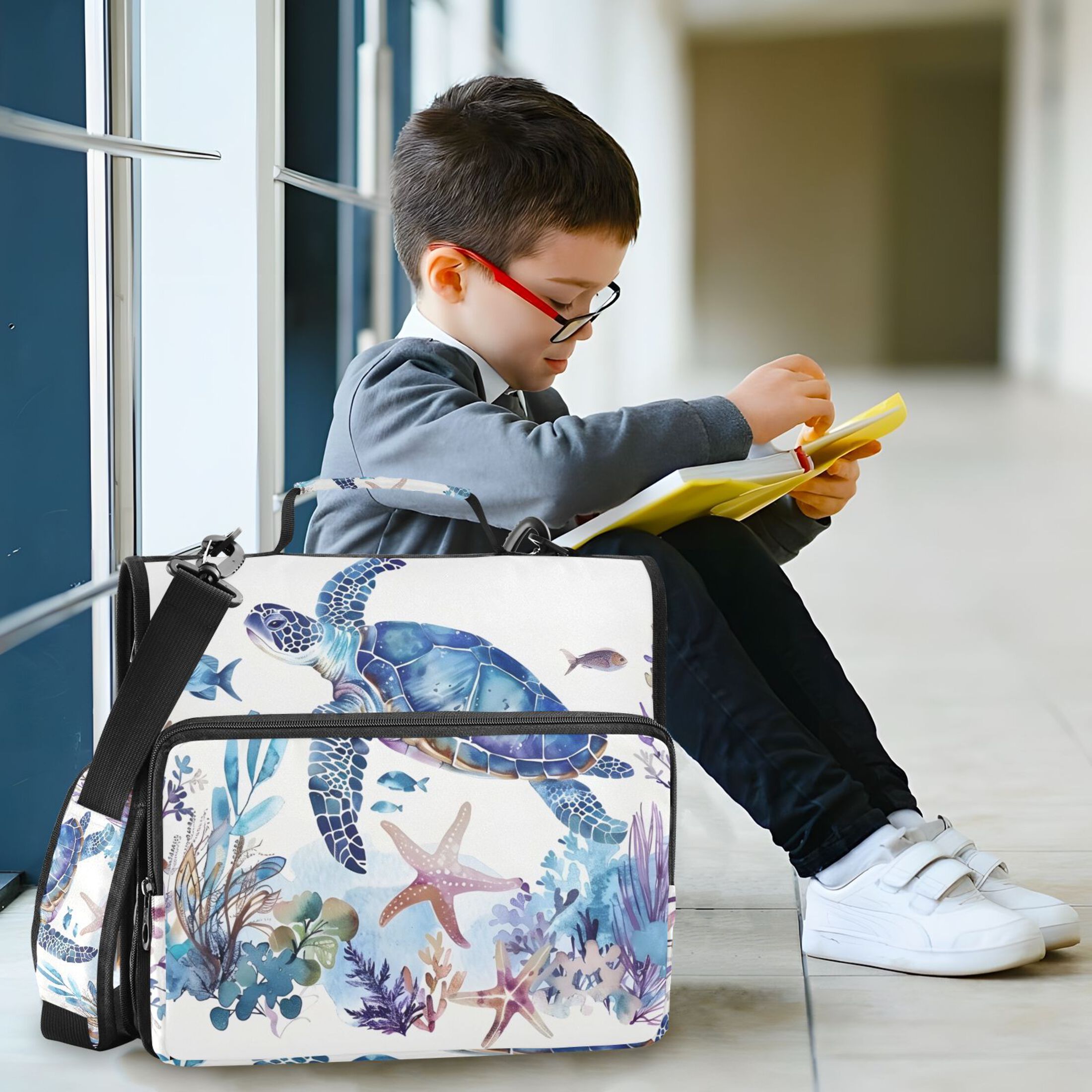 3 Ring Zipper Binder with Shoulder Strap Waterproof Trapper Keeper 2 Inch D-Ring 500 Sheets Capacity Turtle Fish Starfish Seaweed