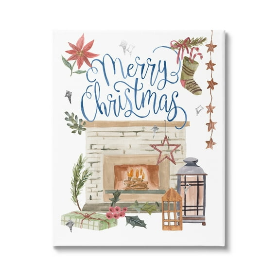 Warm Winter Fireplace Christmas Holly Motif Sentiment Inspirational Painting Gallery-Wrapped Canvas Print Wall Art